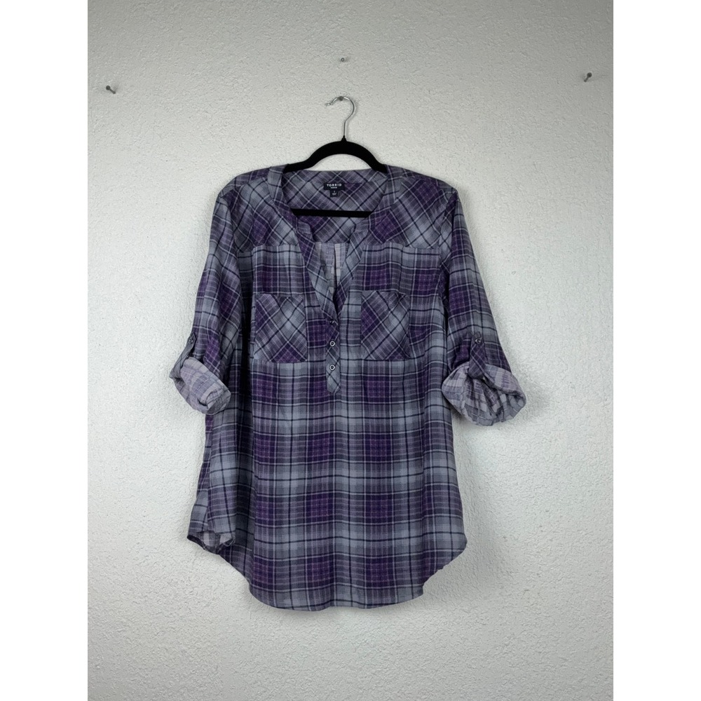 Torrid Purple Plaid Harper Pullover - 1 - Roll Tab Sleeve Split Neck Preppy
